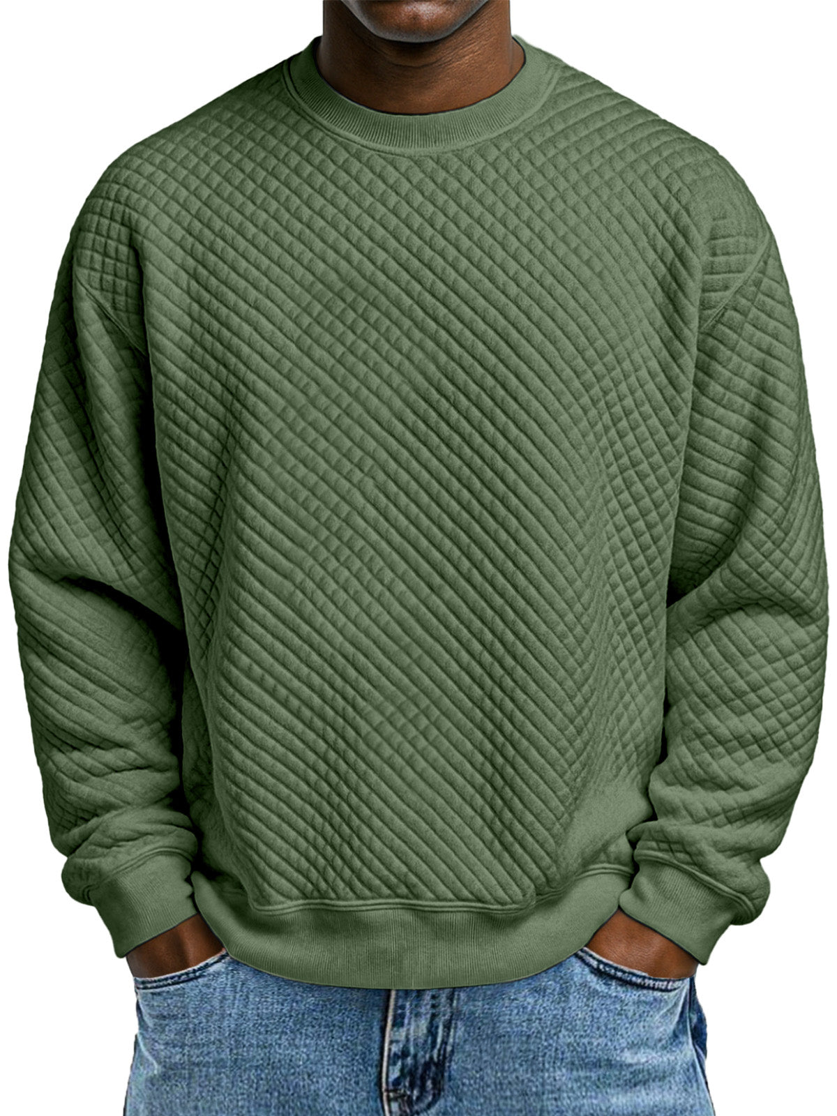Men's Simple Solid Color Small Square Texture Round Neck Long-sleeved Sweatshirt