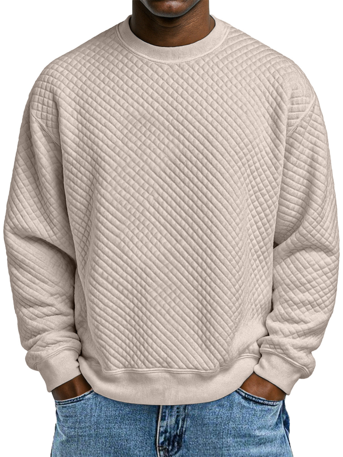 Men's Simple Solid Color Small Square Texture Round Neck Long-sleeved Sweatshirt