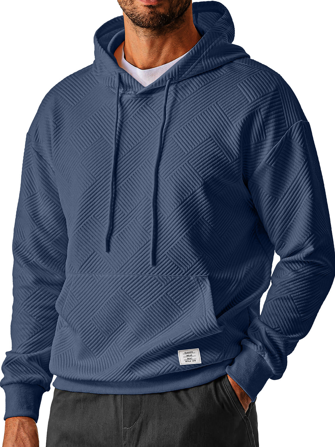 Men's Everyday Simple Textured Embroidered Logo Hooded Long-sleeved Sweatshirt