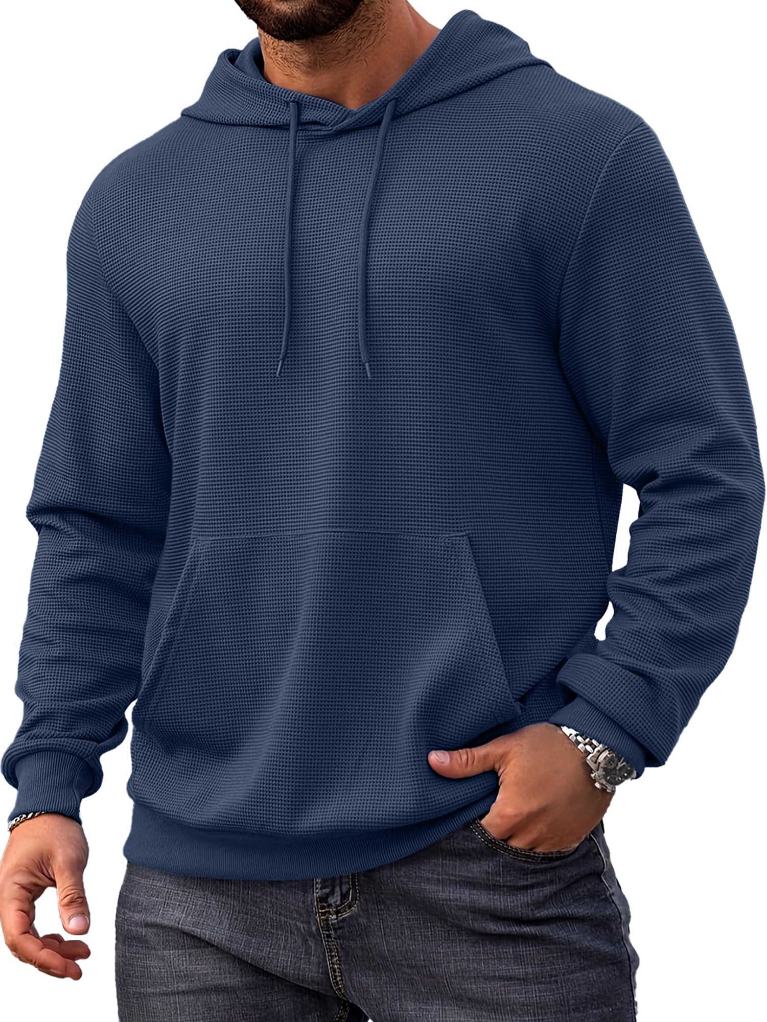 Men's Everyday Simple Waffle Comfortable Long-sleeved Hooded Sweatshirt