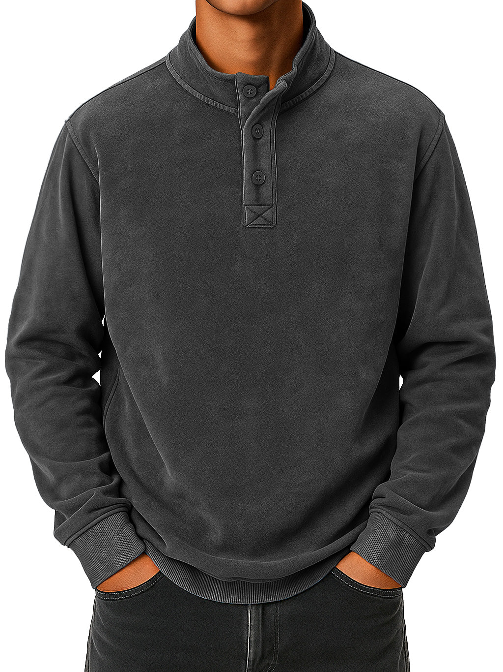 Men's vintage distressed stand collar button-down comfortable sweatshirt