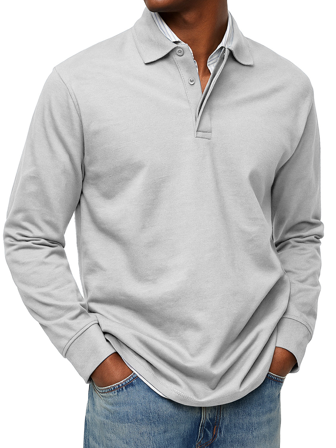Men's Daily Double-layer Lapel Button-down Solid Color Long-sleeved Polo Shirt