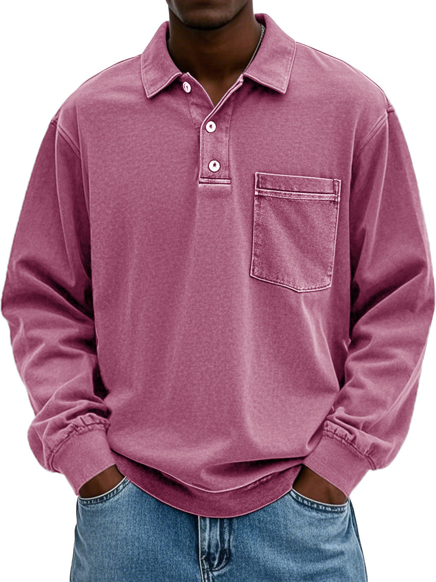 Men's Stylish Vintage Distressed Pocket Lapel Long-sleeved Polo Shirt 