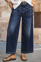 Wash Stitch Detail Raw Hem Crop Wide Leg Mid Rise Jeans