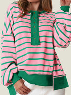 Women's Oversized Striped Button Up Henley Neck Waffle Knit Pullover