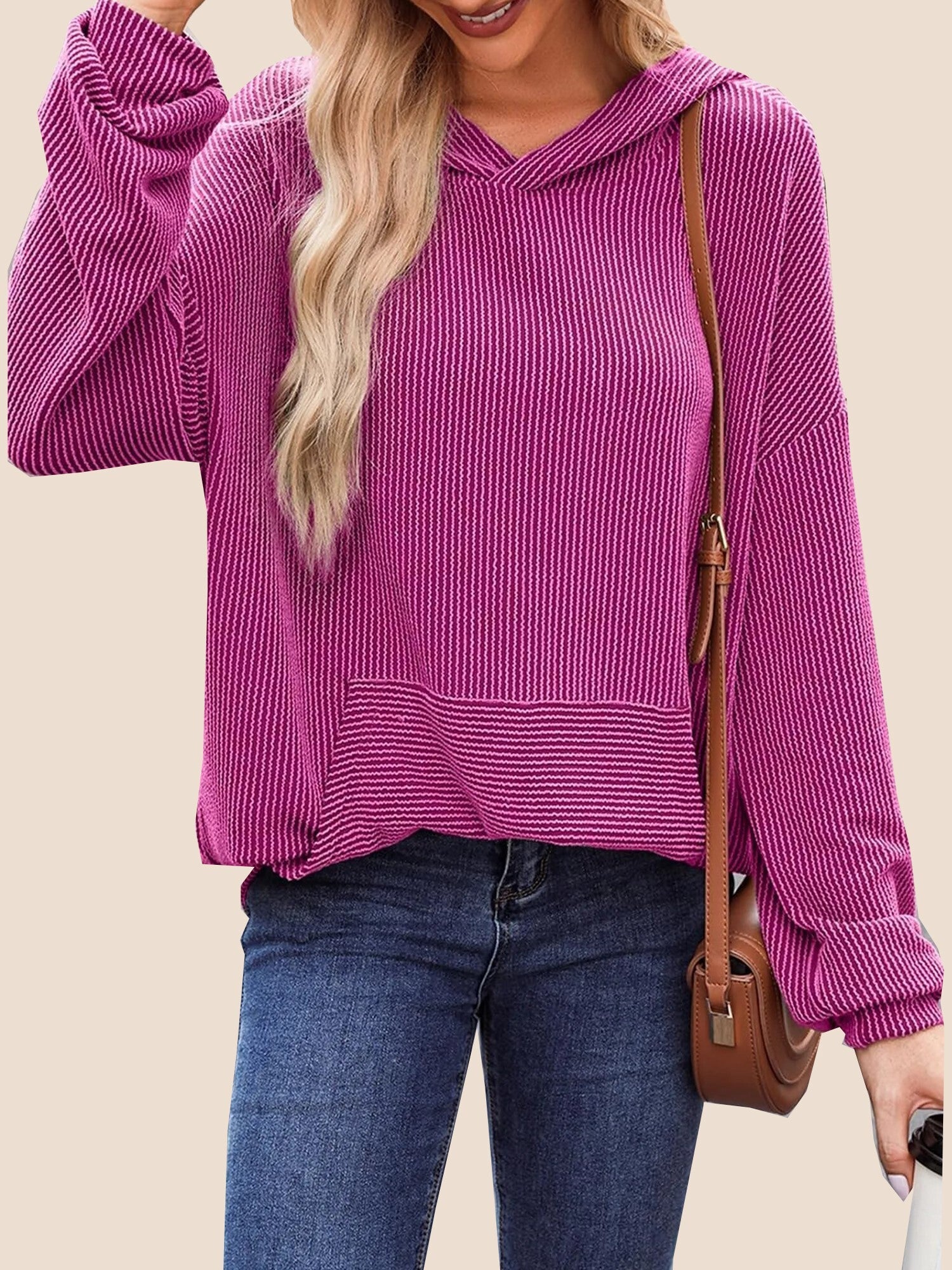 Women's Ribbed Knit Pullover Hoodie