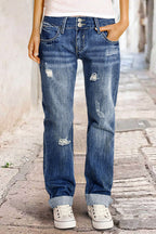 Roll Hem Ripped Double Button Mid Rise Straight Leg Jeans