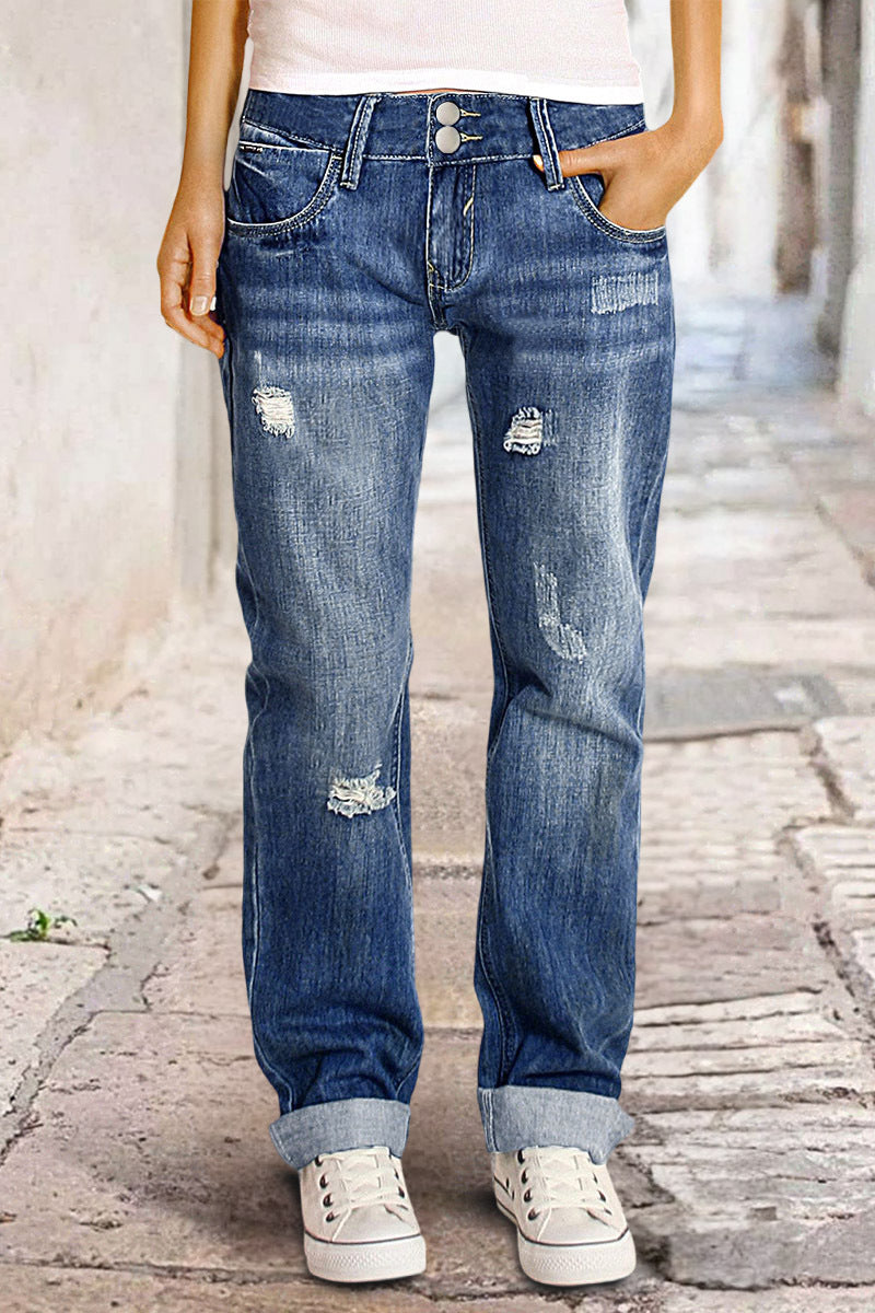 Roll Hem Ripped Double Button Mid Rise Straight Leg Jeans
