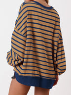 Women's Oversized Striped Button Up Henley Neck Waffle Knit Pullover