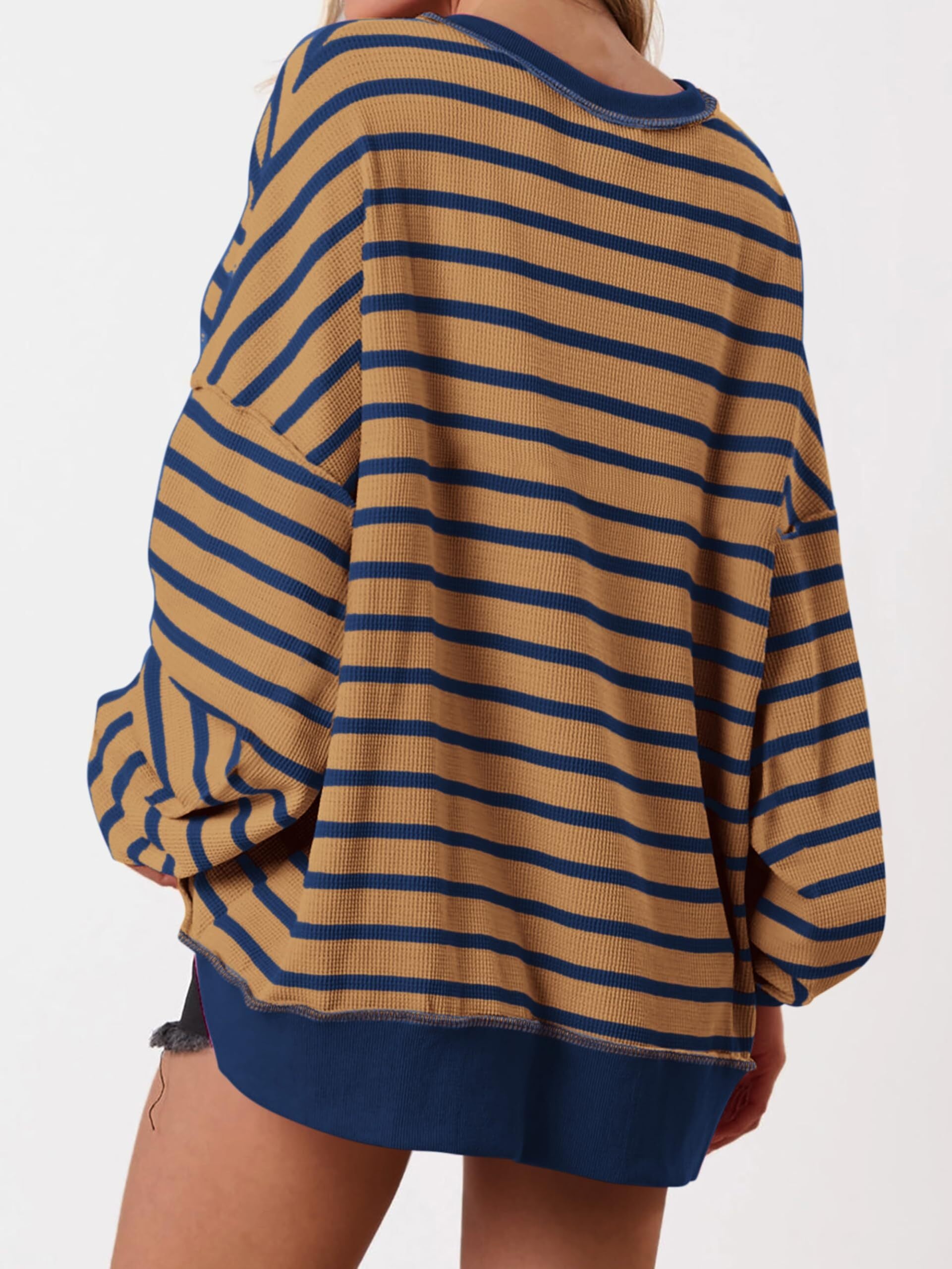 Women's Oversized Striped Button Up Henley Neck Waffle Knit Pullover