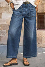 Wash Stitch Detail Raw Hem Crop Wide Leg Mid Rise Jeans