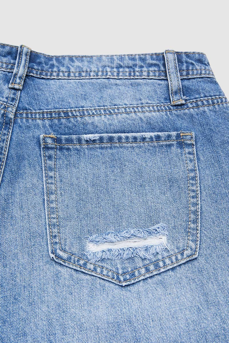 Raw Hem Ripped Mid Waist Denim Bermuda Shorts