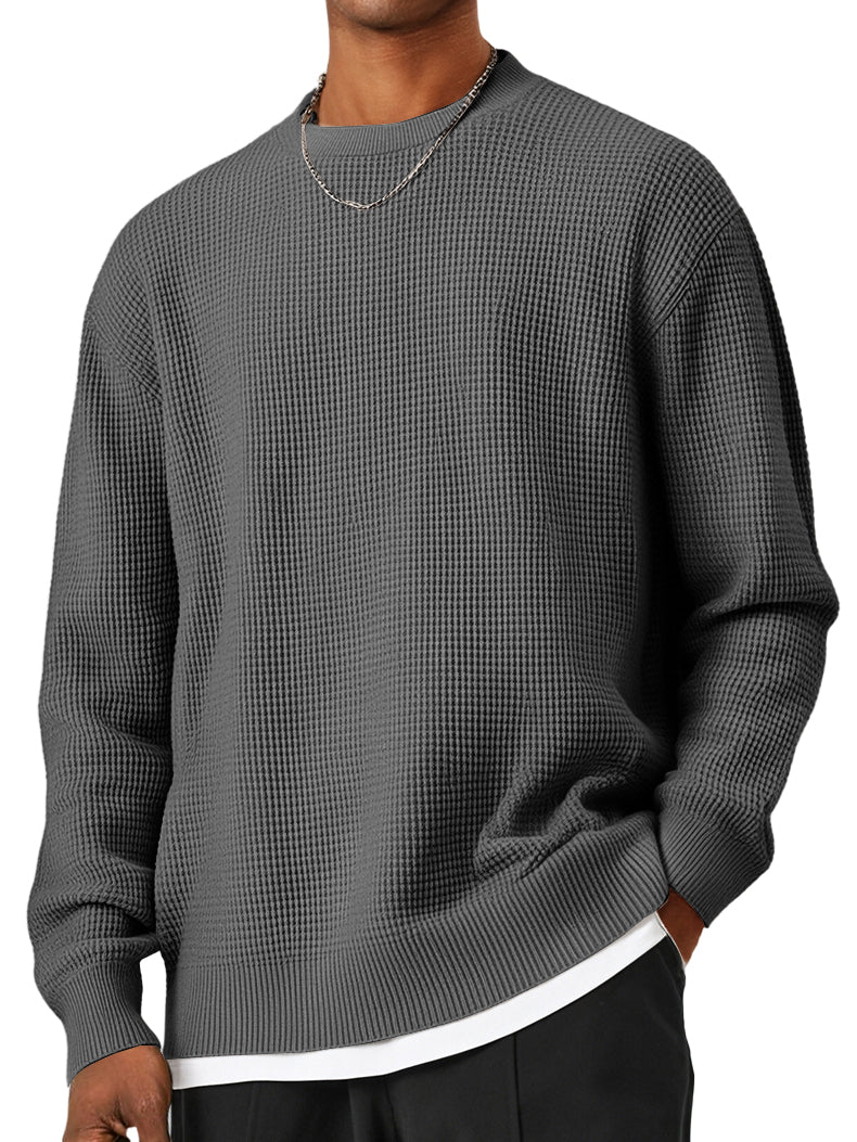 Men's Round Neck Waffle Patterned Loose Fitting Knit Sweater