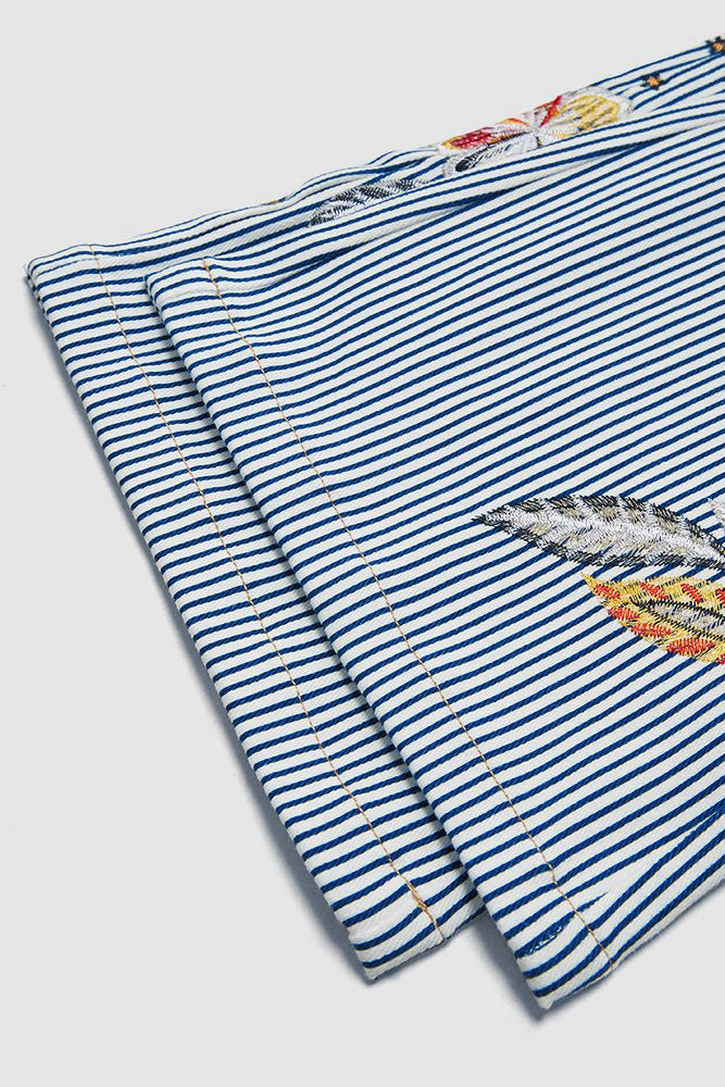 Striped Pattern Embroidered Low Waist Bootcut Jeans