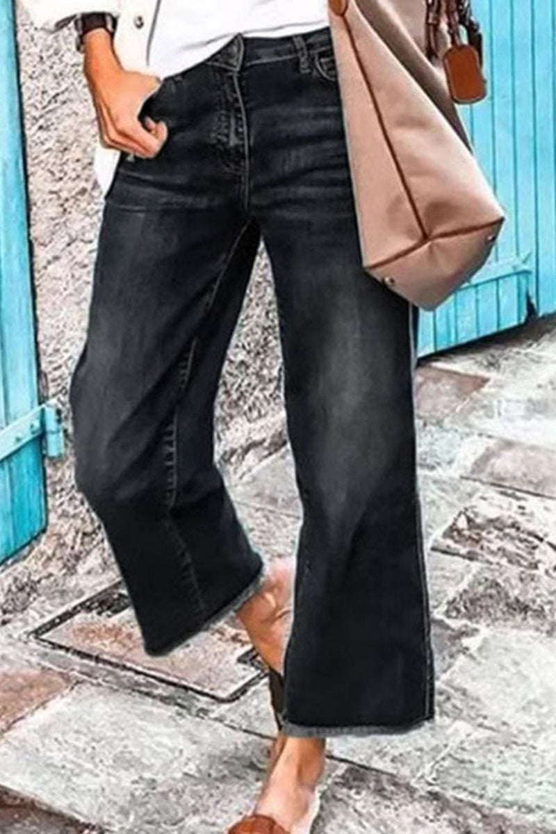 Tall Washed Raw Hem Mid Waist Wide Leg Jeans