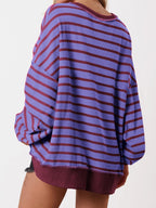 Women's Oversized Striped Button Up Henley Neck Waffle Knit Pullover
