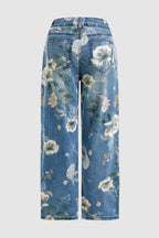 Allover Floral Pattern Straight Leg High Rise Crop Jeans