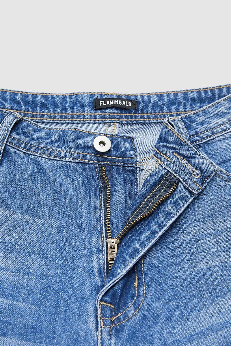 Raw Hem Ripped Mid Waist Denim Bermuda Shorts