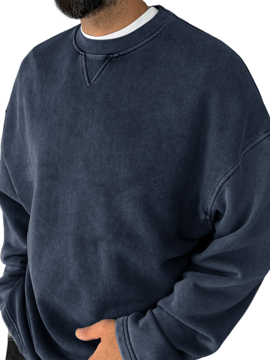 Men's Washed, Distressed, Vintage Casual Cotton Crew-neck Long-sleeved Sweatshirt