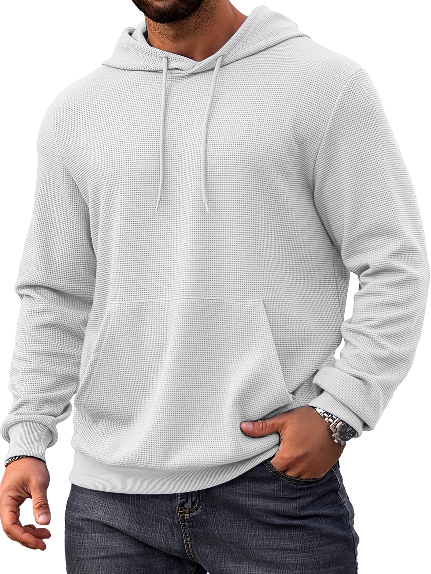 Men's Everyday Simple Waffle Comfortable Long-sleeved Hooded Sweatshirt