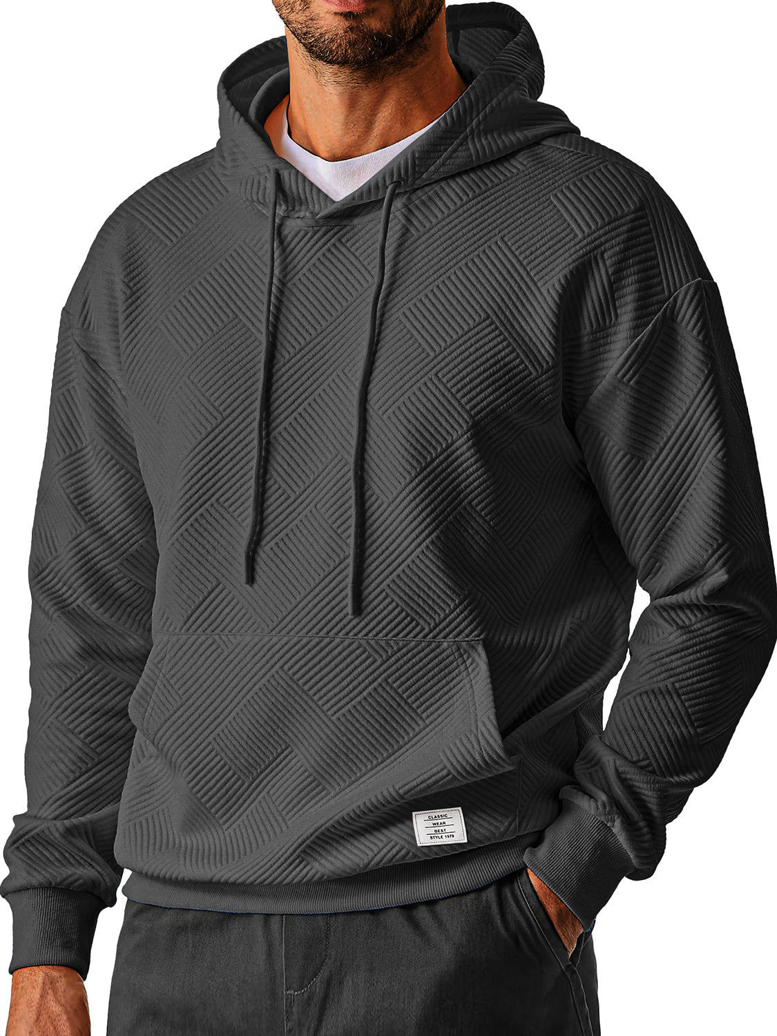 Men's Everyday Simple Textured Embroidered Logo Hooded Long-sleeved Sweatshirt