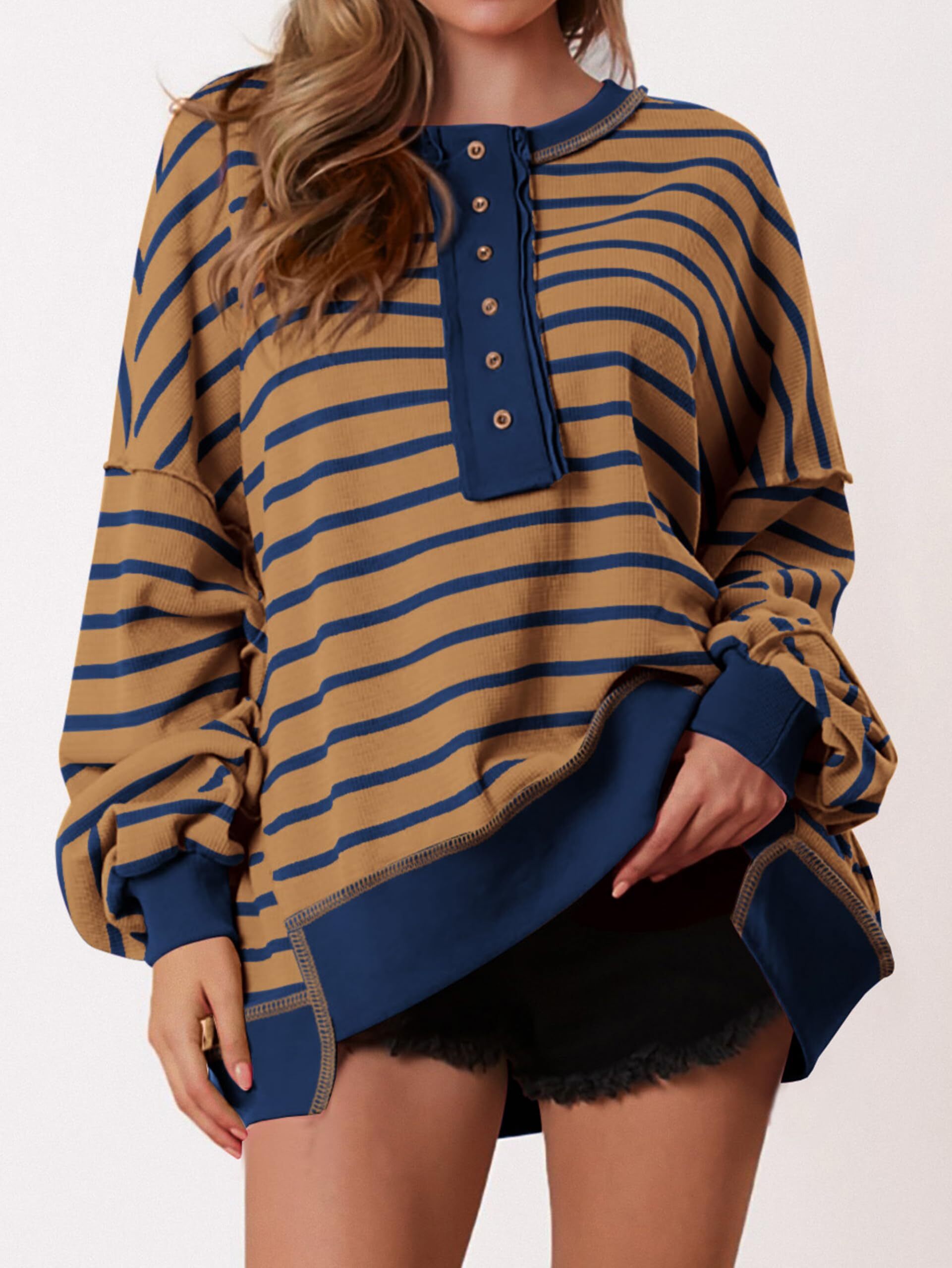 Women's Oversized Striped Button Up Henley Neck Waffle Knit Pullover