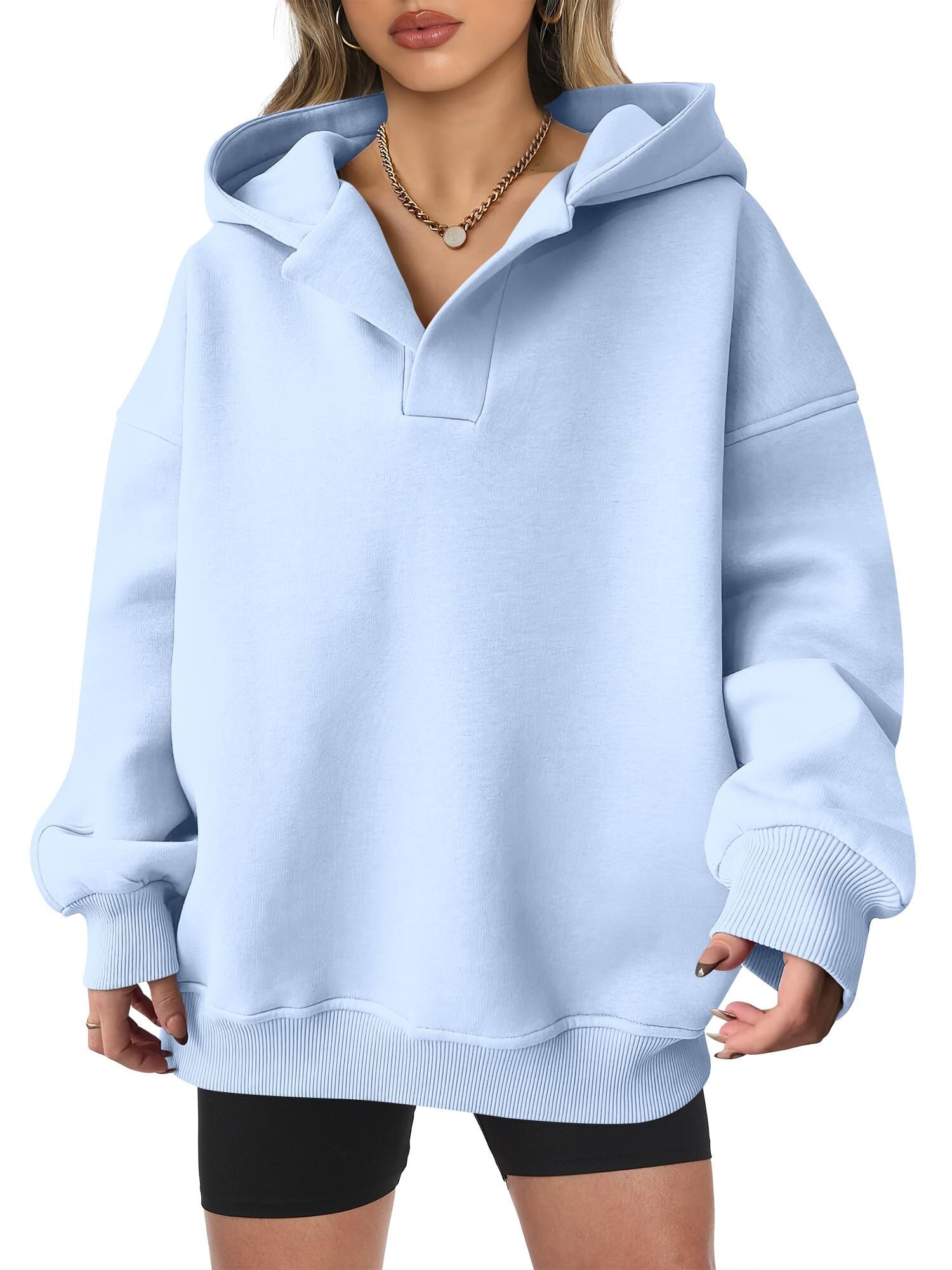 Women's Oversized V-Neck Hooded Pullover