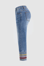 Raw Hem Embroidery Mid Waist Straight Leg Crop Jeans