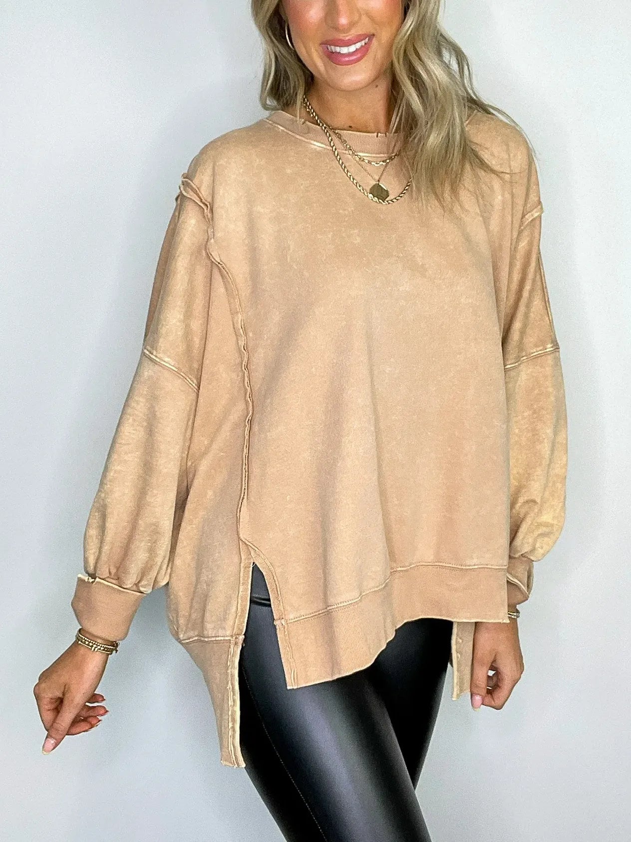 Women's Acid Wash Split Cuff Oversized Crew Pullover