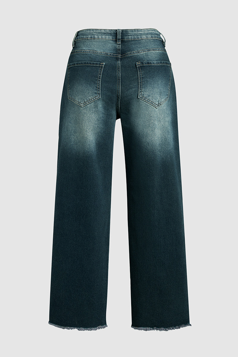 Tall Washed Raw Hem Mid Waist Wide Leg Jeans