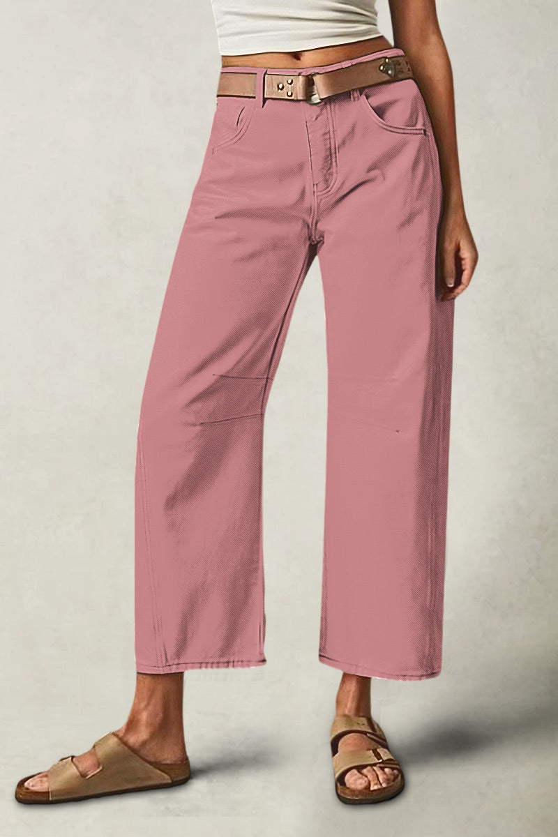 Solid Stitch Detail Mid Waist Crop Straight Leg Jeans Without Belt