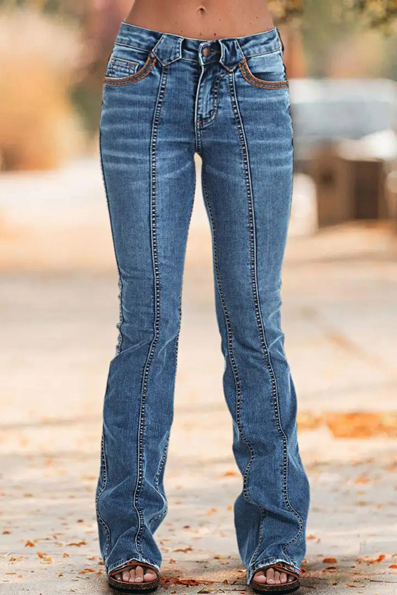 Wash Contrast Stitch Low Waist Bootcut Jeans