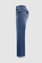 Roll Hem Ripped Double Button Mid Rise Straight Leg Jeans