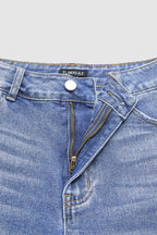 Raw Hem Ripped Mid Waist Denim Bermuda Shorts Without Belt