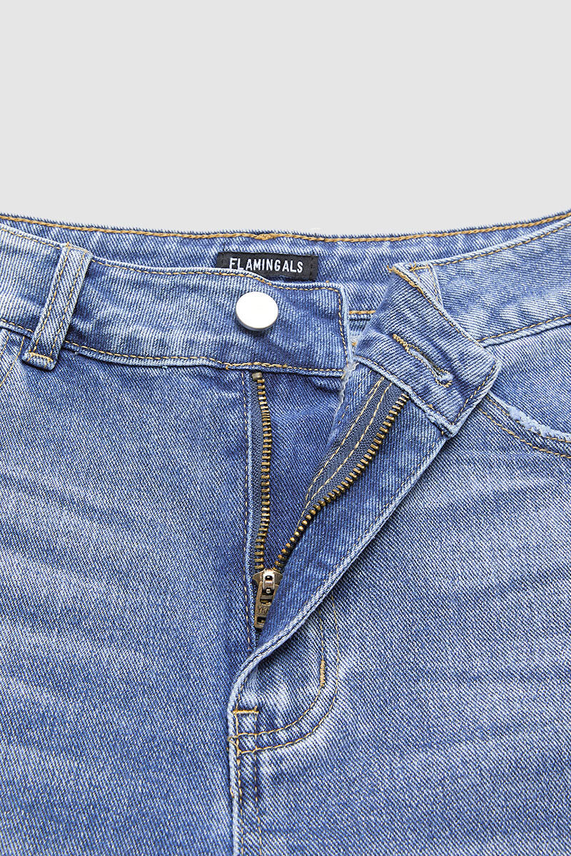 Raw Hem Ripped Mid Waist Denim Bermuda Shorts Without Belt