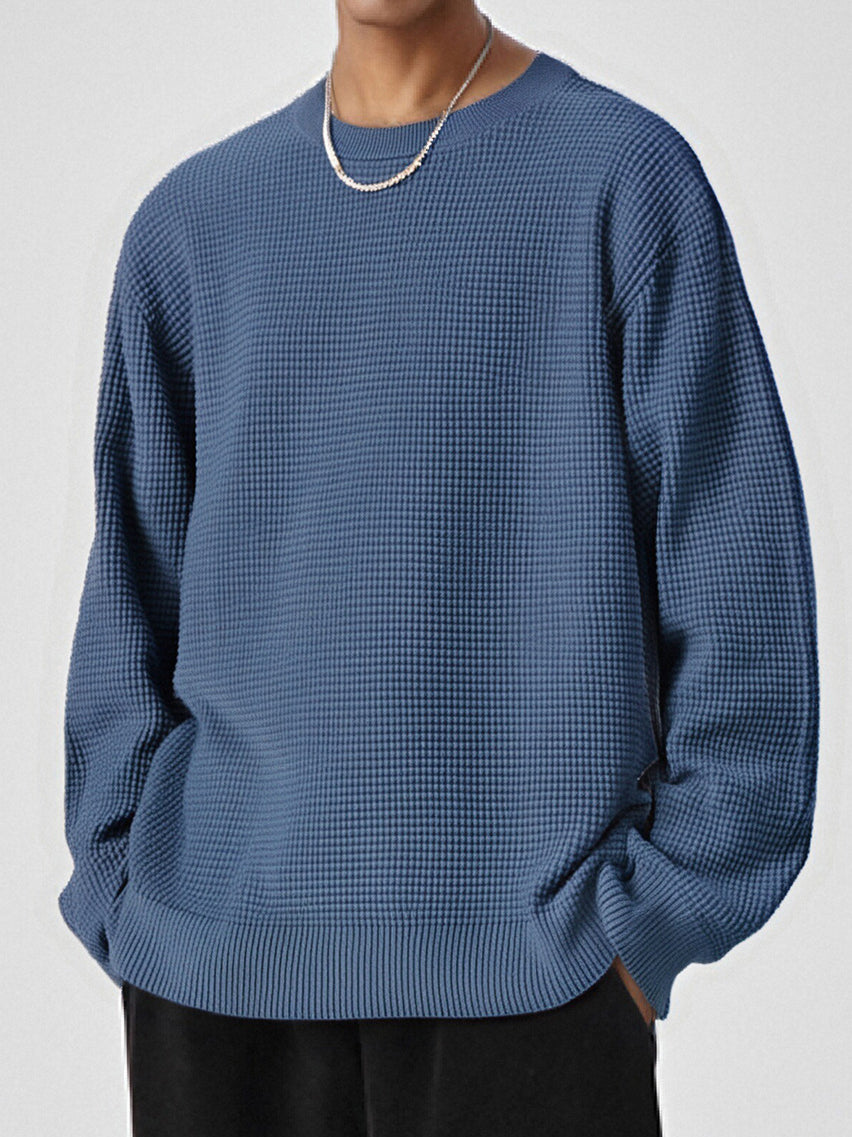 Men's Round Neck Waffle Patterned Loose Fitting Knit Sweater
