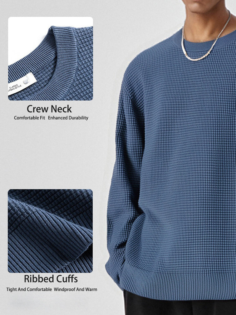 Men's Round Neck Waffle Patterned Loose Fitting Knit Sweater