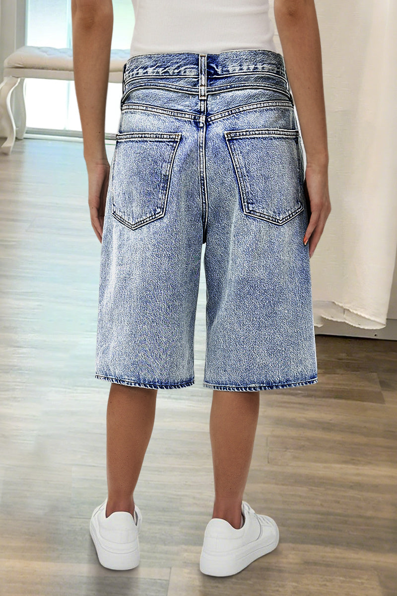 Raw Hem Ripped Mid Waist Denim Bermuda Shorts Without Belt