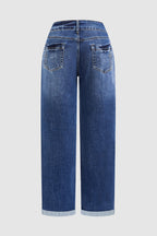 Roll Hem Ripped Double Button Mid Rise Straight Leg Jeans