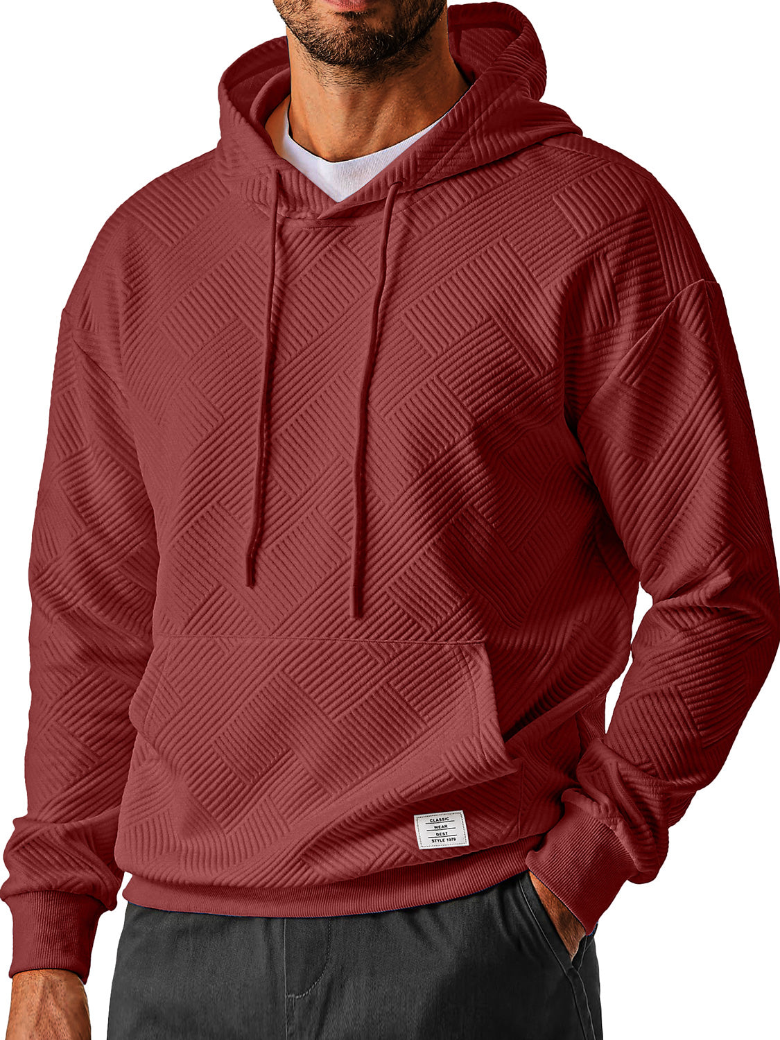 Men's Everyday Simple Textured Embroidered Logo Hooded Long-sleeved Sweatshirt