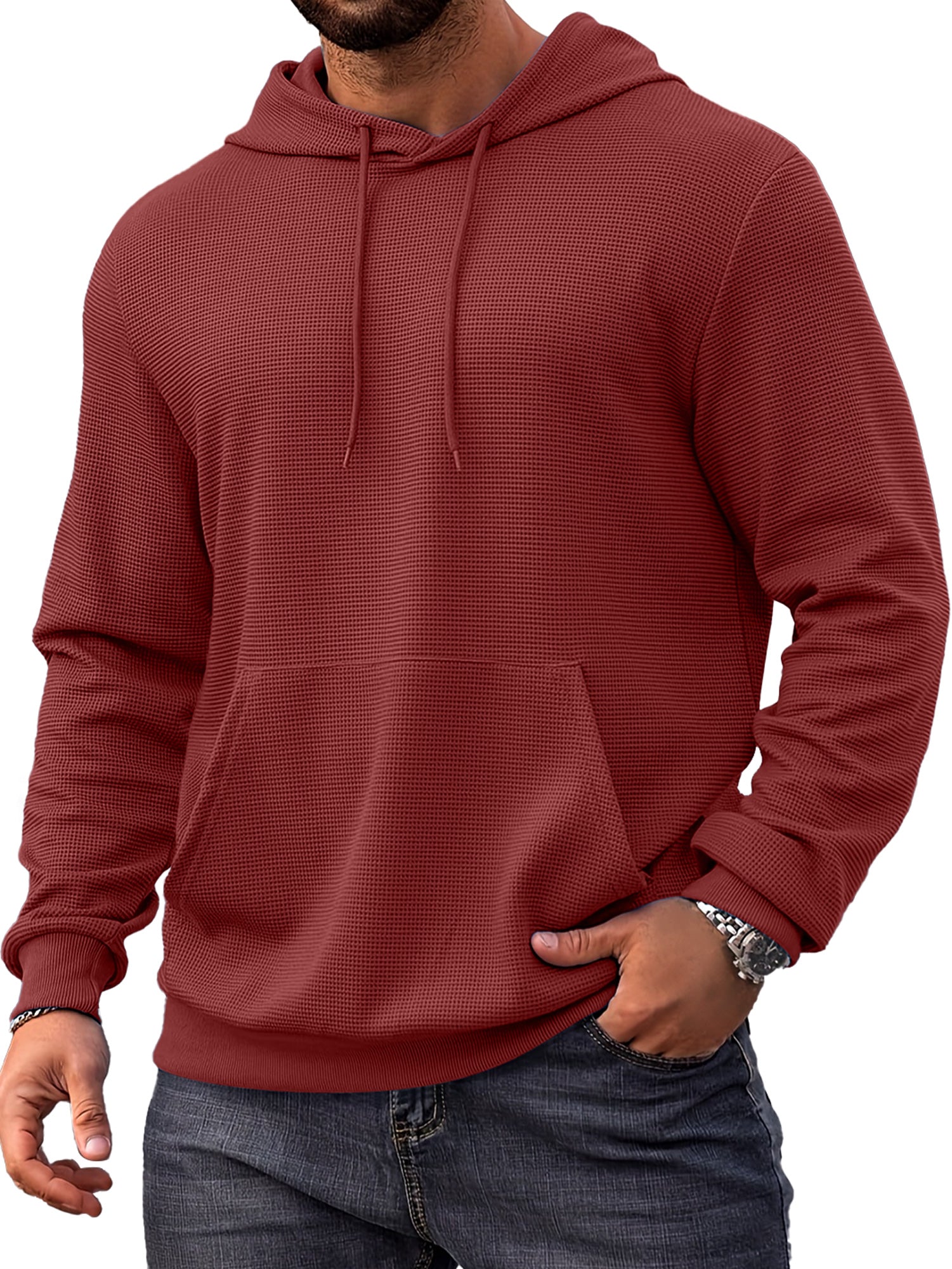 Men's Everyday Simple Waffle Comfortable Long-sleeved Hooded Sweatshirt