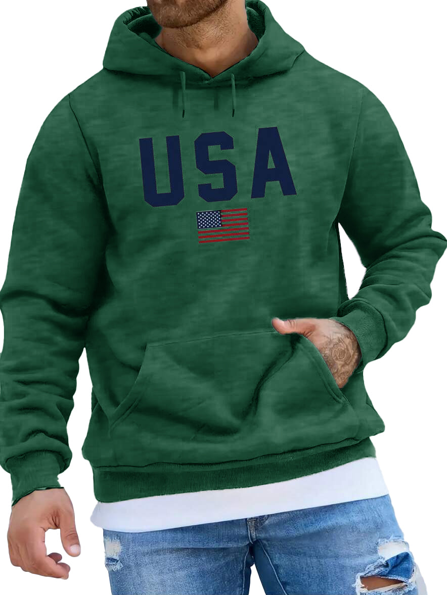 Men's Fashionable American Flag Print Pocket Long Sleeve Hoodie