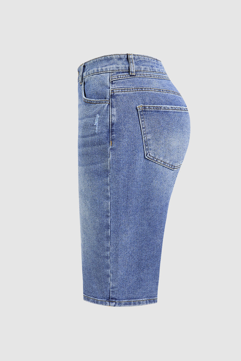 Raw Hem Ripped Mid Waist Denim Bermuda Shorts Without Belt
