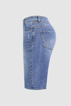 Raw Hem Ripped Mid Waist Denim Bermuda Shorts Without Belt