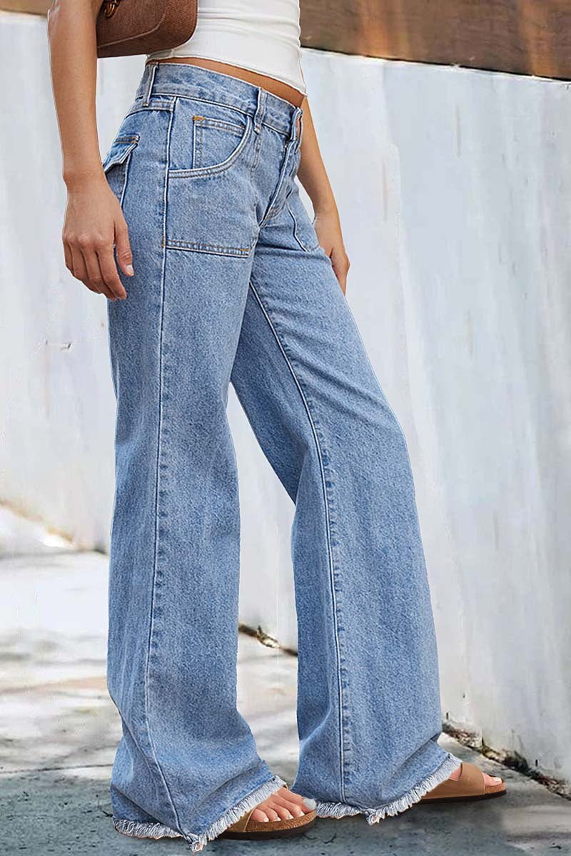 Wash Raw Hem Flap Pocket Wide Leg Low Rise Jeans