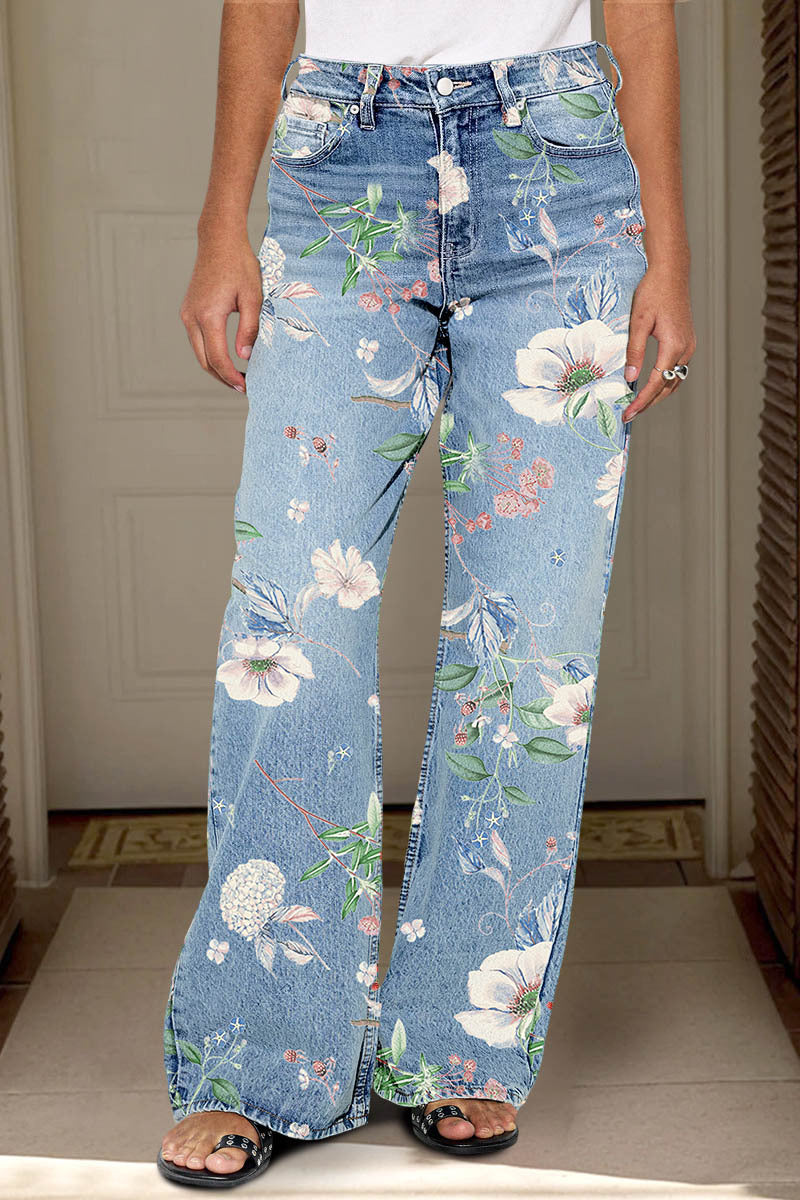 Floral Pattern Wash High Waist Straight Leg Jeans
