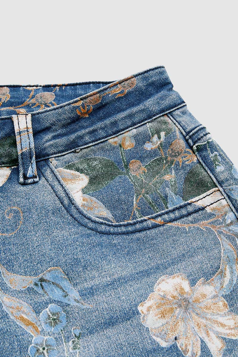 Allover Floral Pattern Straight Leg High Rise Crop Jeans
