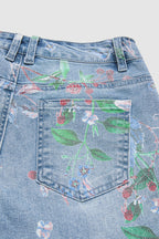 Floral Pattern Wash High Waist Straight Leg Jeans