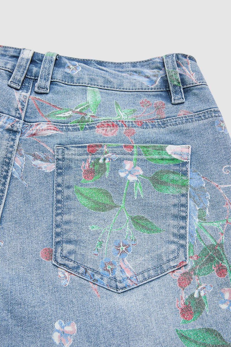 Floral Pattern Wash High Waist Straight Leg Jeans