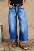 Wash Raw Hem Straight Leg Mid Rise Crop Jeans Without Belt